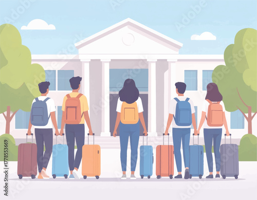 Illustration of diverse students with luggage standing in front of a school building with columns on a sunny day.