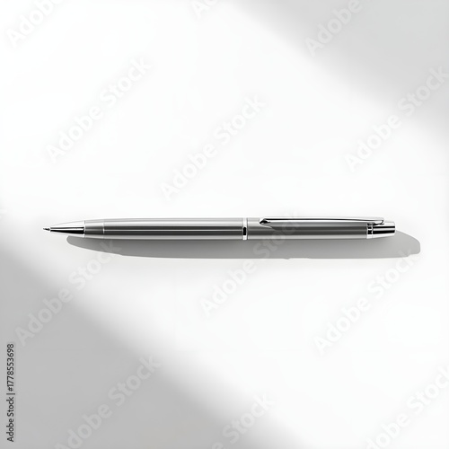 Wallpaper Mural A subtle, elevated view of a metallic ballpoint pen, slightly angled, against a pure white setting. The composition emphasizes the pen’s form and the interplay of light and shadow, presenting it as a  Torontodigital.ca