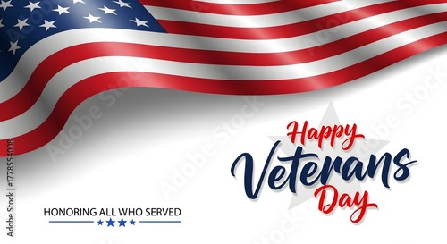 veterans day, A patriotic composition pays homage to Veterans Day, featuring the American flag in a dynamic display, the words Happy Veterans Day, and a symbol of stars.