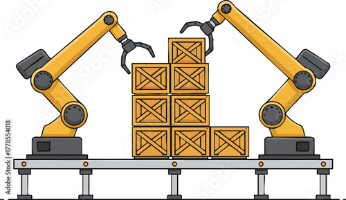Two robotic arms stacking boxes on a conveyor belt in a factory setting.