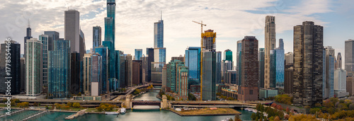 Aerial Panoramic View of Downtown Chicago, Illinois Skyline over the Chicago River November 4, 2025