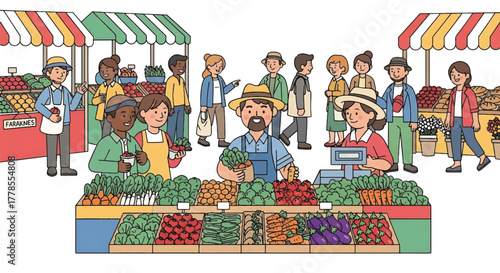 Illustration of a bustling outdoor market with vendors and customers, featuring colorful produce on display under striped awnings.