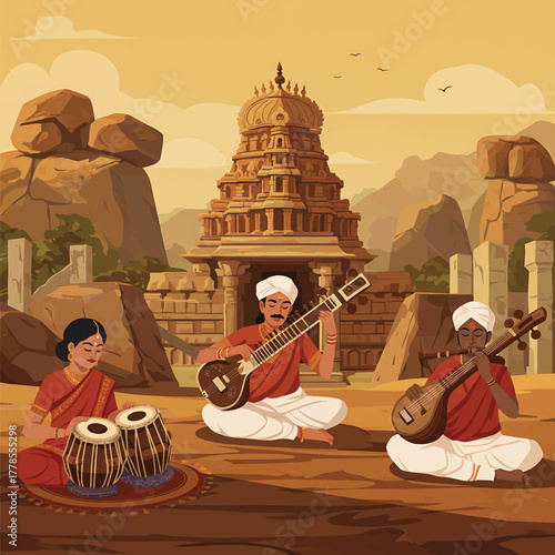 Illustration of three Indian musicians playing traditional instruments in front of a temple with a warm, serene mood.