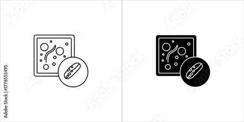 Microscopic view of bacteria and cells in a petri dish, line art and solid icon