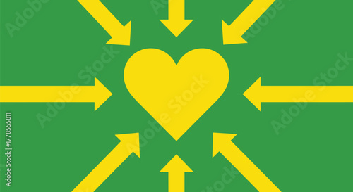 Yellow heart with arrows pointing towards it love and attraction