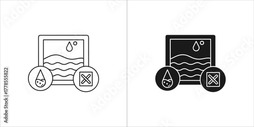 Two icons representing water quality testing and a prohibition sign, one in outline and one in solid black