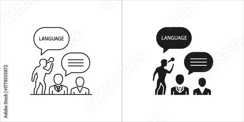 Two icons representing language learning and communication, one in outline and one in solid black