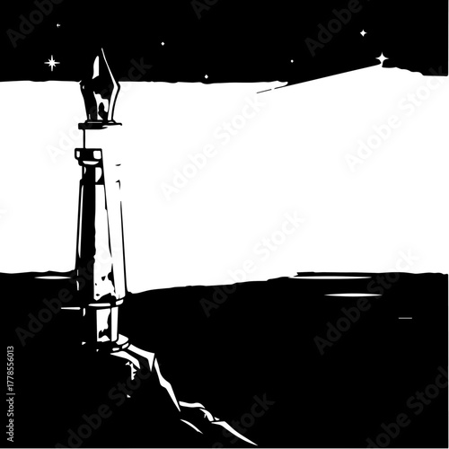 Monochrome graphic of a lighthouse with a pen nib, symbolizing knowledge and creative guidance in a starry night
