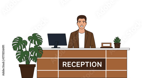 Receptionist at reception desk hotel office front desk illustration