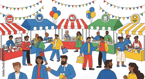 Illustration of a diverse crowd of people shopping and socializing at colorful market stalls with striped awnings and festive bunting.