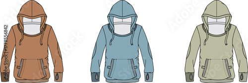 Collection of three hooded sweatshirts in brown, light blue, and beige, showcasing front view of casual apparel