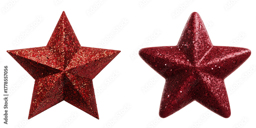 Obraz premium Two red glitter star ornaments isolated on a transparent background
