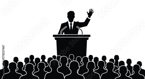 Speaker at podium giving speech to crowd black and white vector