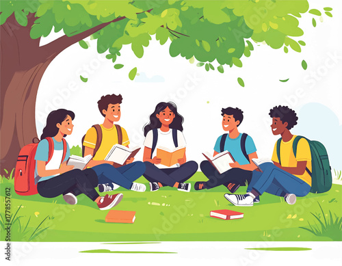 Group of diverse students sitting under a tree studying with books and backpacks in a park with a bright and serene mood.