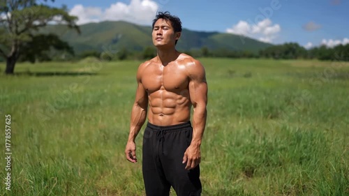 Outdoor muscleman shows off his fitness achievements