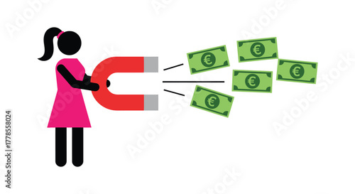 Woman attracting money with magnet financial growth concept art