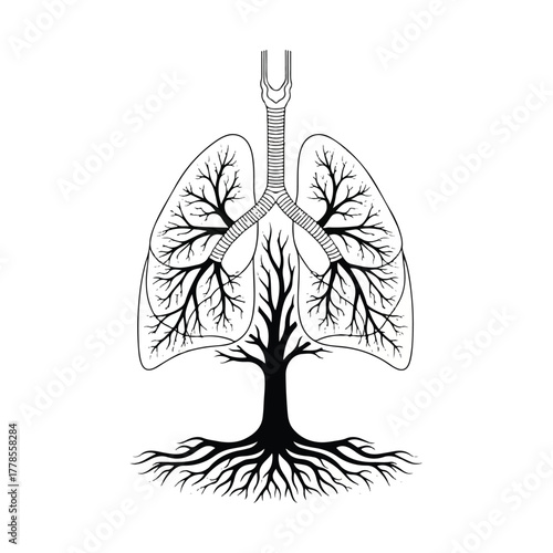 An artistic illustration of the lungs resembling a tree with roots, symbolizing life and growth