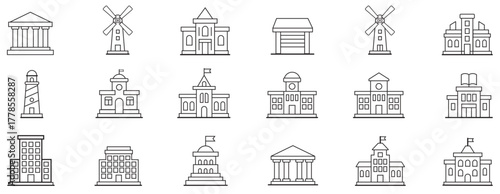 Government architecture vectors for city and urban design, Bank building icon set for web and apps, Minimal line landmark icons collection pack, Line art architecture landmark icon bundle.