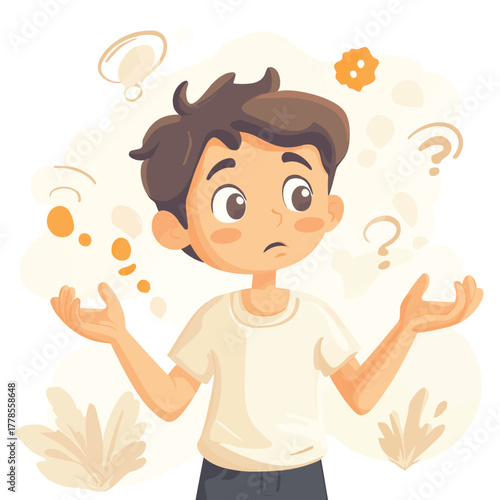 Young person with questioning thoughts and raised hands in a shrug pose wondering about something important   , vector style simple color