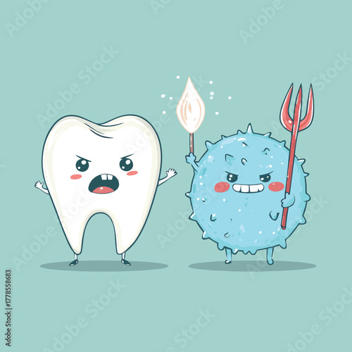 Happy healthy tooth fighting off a mean blue germ monster with a trident   , vector style simple color