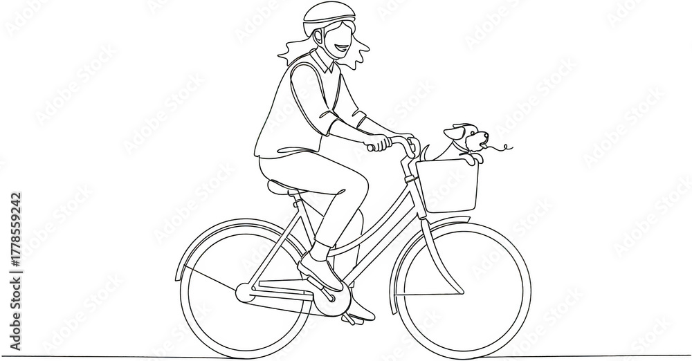 Fototapeta premium Person wearing a helmet riding a bicycle with a dog in the front basket line art drawing Animal Transportation Outdoor Lifestyle