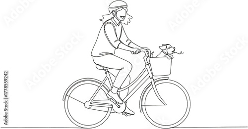 Person wearing a helmet riding a bicycle with a dog in the front basket line art drawing Animal Transportation Outdoor Lifestyle