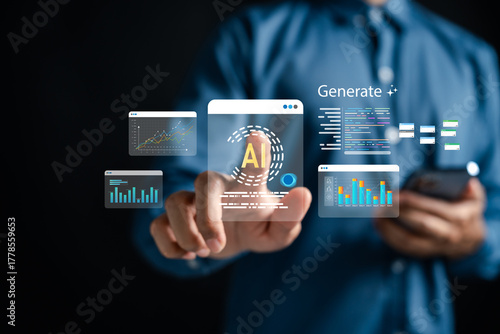 Wallpaper Mural AI trading interface with data visualization, analytics charts, and code generation of algorithmic trading, fintech innovation, smart investing, and artificial intelligence in finance. Torontodigital.ca