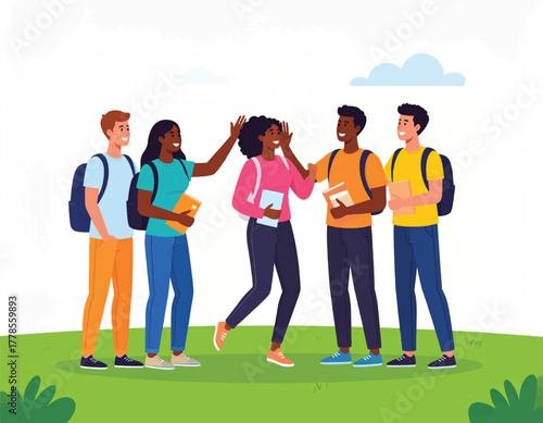 Diverse group of five teenagers standing together on a green hill with backpacks and books on a sunny day.