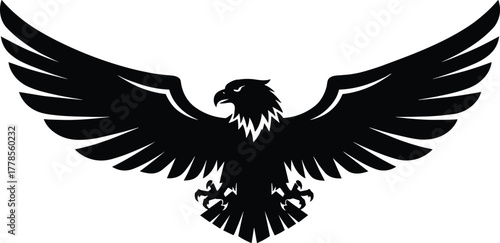 Eagle silhouette vector illustration, black symmetrical wings spread design, powerful bird emblem, patriotic animal symbol, strong majestic raptor graphic art logo