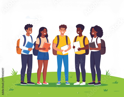A group of diverse students standing together on a grassy hill with books and backpacks in a colorful illustration with a casual and friendly mood.