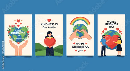 Set of World Kindness Day posters featuring heart shapes floral elements and diverse characters perfect for social media campaigns and awareness initiatives