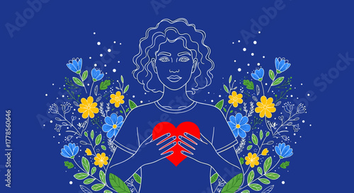 Woman holding a heart surrounded by flowers in Ukrainian flag colors vector illustration for peace and support