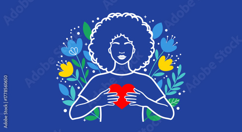 Woman with afro holding a heart surrounded by floral elements vector illustration for love and self-care concepts