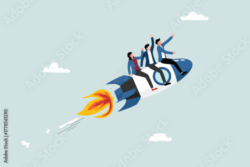 Team direction, leadership to guide the team to success, increasing productivity, innovation, successful partnership or startup concepts, entrepreneurs riding rockets, leaders who direct direction.