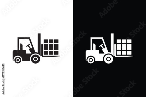 Forklift truck carrying goods in warehouse isolated on white background