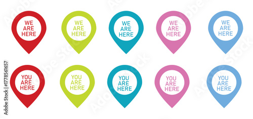 Marker and pointer icon set position symbol. You are here icon. Map pin symbol. Place marker. Set we here location vector icon. Vector illustration.