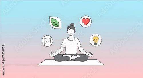 Calm Meditation on Yoga Mat with Floating Wellness Icons — Minimal Pastel Mindfulness Vector