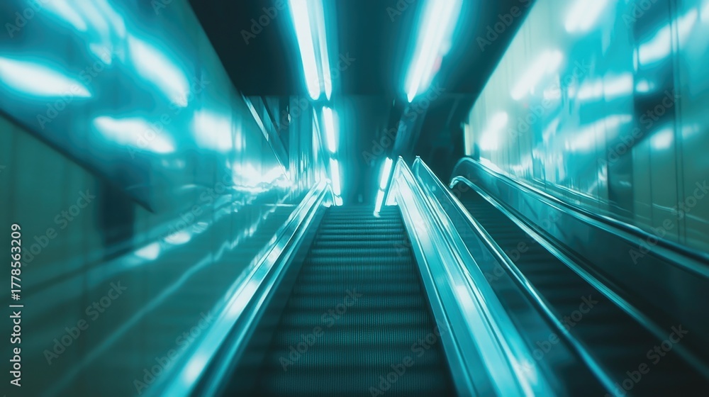 Fototapeta premium Futuristic Escalator with Blue Neon Lights Motion Blur Effect.