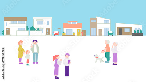 青空の下の住宅街と穏やかな人々の暮らしのイメージイラスト