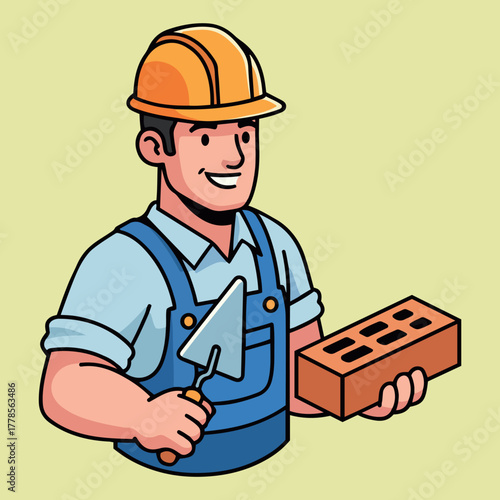 Cartoon illustration of a friendly construction worker or bricklayer holding a trowel and a brick, perfect for a company mascot