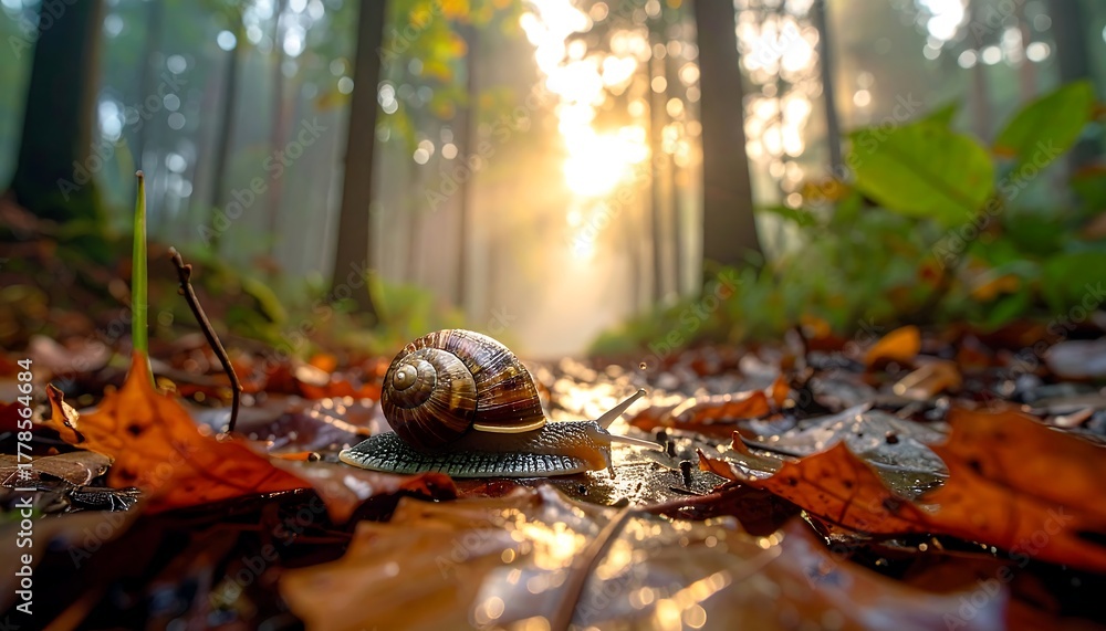 Naklejka premium A snail traverses leaves on a forest floor, backlit by morning sun filtering through the trees in the foggy background