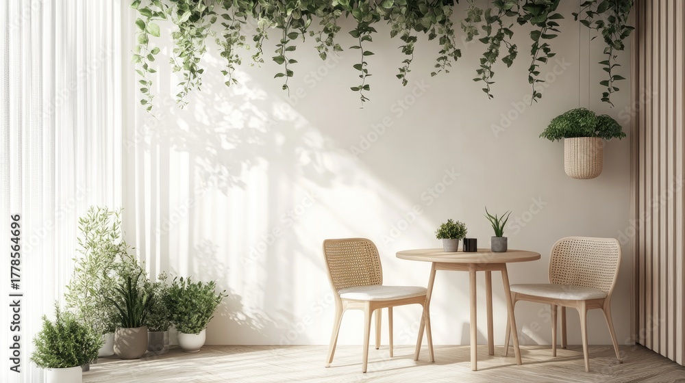 Fototapeta premium Modern Minimalist Interior with Lush Greenery and Natural Light.