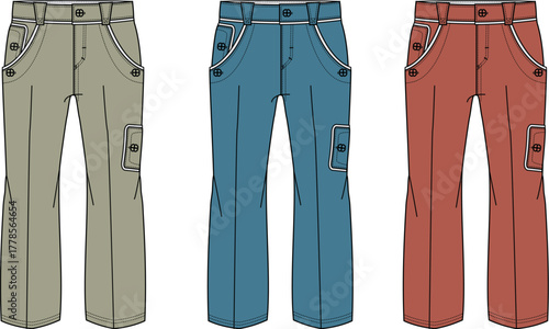 Fashion Illustration of Colorful Slacks with Unique Pocket Designs for Clothing Apparel