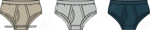 Vector illustration of classic men's briefs, showcasing comfortable cotton underwear in a collection of three distinct colors, ideal for everyday fashion and design