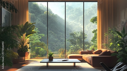 Serene Living Room with Mountain View and Lush Greenery.