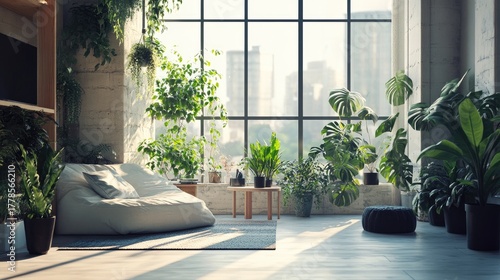 Sunlit Urban Oasis - Modern Apartment with Lush Greenery.