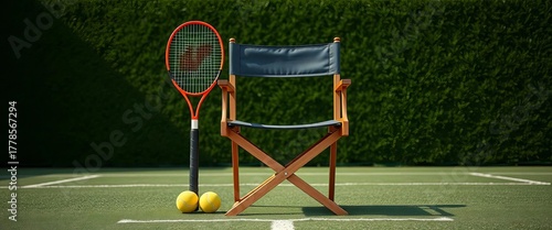 Director's chair on tennis court with racket, grass background, three tennis balls ,  tennis balls,  sports