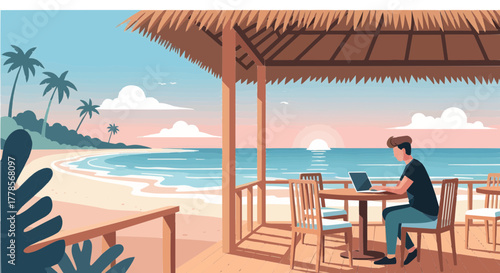 Vector Illustration of a Digital Nomad Working on Laptop at a Tropical Beach Café Modern Flat Design with Pastel Colors and Relaxed Travel Mood