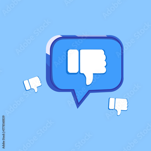 Blue dislike icon inside a message bubble representing social feedback and opinion.