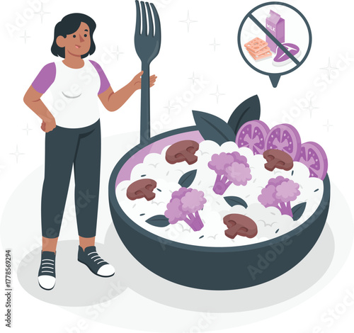 Woman holding fork near bowl of vegan food with no dairy or meat symbols vector
